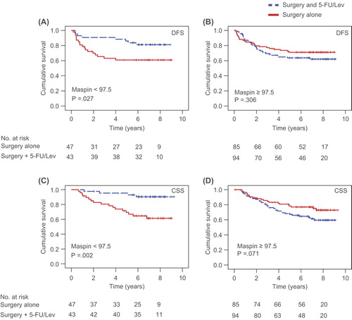 Figure 2. Survival of colon cancer patients (stage II+ III) according to nuclear maspin expression and treatment. Survival is presented as DFS (A and B) and CSS (C and D) for low (A and C) versus high (B and D) expression of maspin. CSS, cancer-specific survival; DFS, disease-free survival.