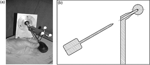 Figure 2. (a) The tracked pointer within the hollow femoral neck. The tip of the pointer reaches the center of the ball-head. The passive markers clearly reflect the flashlight. The ball-head is held in place by a clamping ring and three screws. (b) Sectional view of the femoral neck with ball-head and pointer. The tip of the pointer can be placed exactly in the center of the ball-head.