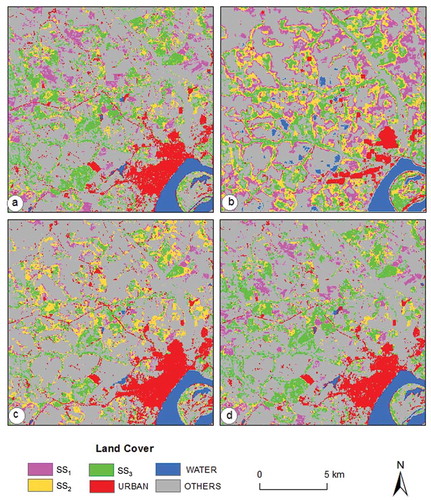 Figure 3. Comparison of classification results among different data-sets using maximum likelihood classifier (a – Landsat TM multispectral image; b – ALOS PALSAR data; c – combination of TM and PALSAR data; d – fusion of TM multispectral and PALSAR L-band HH image).