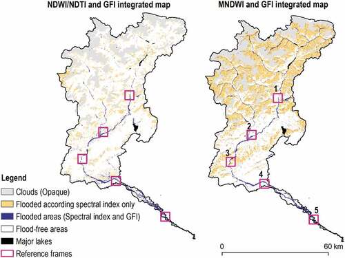 Figure 5. This image summarizes the results of the steps of the proposed approach: the dark blue pixels represent the areas identified both as flooded and flood-prone to river inundation by the spectral and hydrogeomorphic indices. these pixels were considered as the flooded area in the final map. the areas identified as flooded only according to the spectral indices are depicted in Orange and will be neglected. flood-free areas (white) and opaque cloud coverage (gray) provided along the Sentinel-2 image are also shown. Purple frames indicate the areas selected for the performance evaluation.