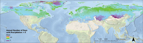 Figure 8. Annual number of days with precipitation occurrence according to the gridded coverage.