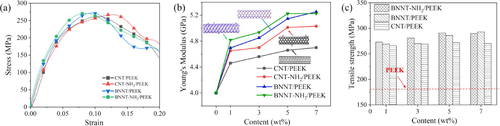 Figure 5. Tensile modeling results of BNNTs reinforced PEEK. (a) provides the tensile curves of PEEK reinforced by different nanotubes; (b) and (c) Young’s modulus and tensile strength of these nanotube-modified PEEK.
