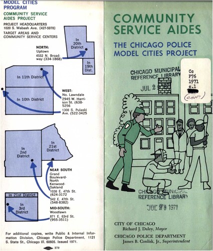 Figure 7. Front and back cover of a brochure explaining the role of the Community Service Aides. Source: Municipal Reference Collection, 1971, Chicago Public Library.