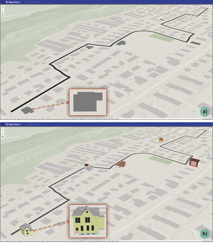 Figure 2. Landmark visualization on the interactive mobile map applications as a) abstract 2D building footprints and b) realistic 3D buildings. The inset shows a zoomed-in view of one of the landmarks across both visualization styles.