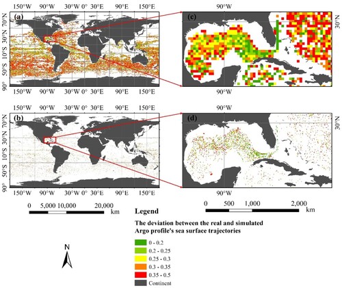 Figure 14. Deviation degree of the sea surface trajectory in the grids with different resolutions under a local view; (a) and (c) 0.5°×0.5° degree global grid; (b) and (d) 0.08°×0.08° degree global grid.