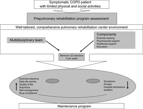 Figure 3 Summary of the steps and benefits of pulmonary rehabilitation.