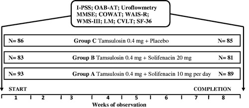 Figure 1. Scheme of examination and treatment of patients with BPH and OAB (N = 273). Remark: I-PSS: International Prostate Symptom Score; OAB-AT: Over Active Bladder Awareness Tool; MMSE: Mini-Mental State Examination; COWAT: Controlled Oral Word Association Test; WAIS-R: Wechsler Adult Intelligence Scale; WMS-III-test: Wechsler III; LM test: logical memory; CVLT: California Verbal Learning Test; SF-36-Medical Outcomes Study: 36-Item Short-Form.