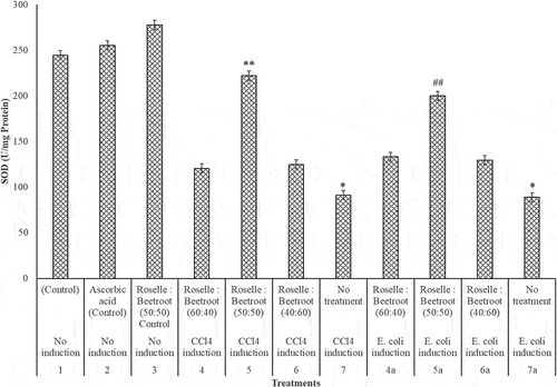 Figure 2. SOD (U/mg protein) activities of the livers of rats administered with varying concentrations of methanolic extracts of Roselle and beetroots against induced CCl4 and E. coli. Values represent mean ± SE of three independent experiments (n = 4). * Indicates significant difference (decrease) relative to the control groups at P < 0.001, ** indicates significant difference (increase) relative to Group 7, the untreated group in which CCl4 was induced at P < 0.05 and ## indicates significant difference (increase) relative to Group 7a, the untreated group in which E. coli was induced at P < 0.05.