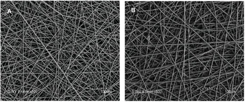 Figure 1 Representative scanning electron micrographs of electrospun coatings containing (A) 10% (weight/weight) vancomycin and (B) no drug. Both of the formulations produced continuous, defect-free nanofibers with no visible evidence of phase separation. The scale bar in each micrograph represents 100 μm.