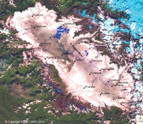 Figure 4. Dense cloud cover covering the entire valley observed from IRS Resourcesat AWiFS image of 07-Sep-2014. White colour represents clouds, cyan colour shows snow cover, and green colour shows vegetation. Dark blue colour represents the water body/river water layer overlaid over the image. To view this figure in colour, please see the online version of the journal.