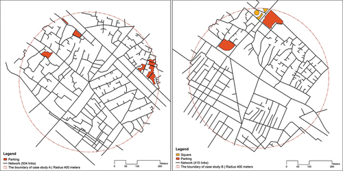Figure 4. (Left) case study a (organic pattern) which includes 504 links within the selected urban area (502654.82 m 2). (right). Case study B (hybrid pattern) that includes 415 links within the selected urban area (502654.82 m 2). Source: drawn by the author based on the georeferencing aerial imagery and base map baghda d authori sed by G.I.S.Department (Citation2016) and R.S.GIS.U (Citation2017).