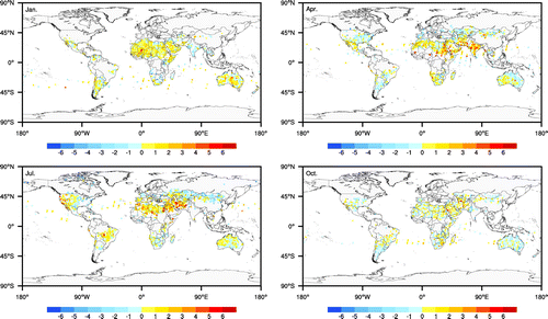 Figure 4. Monthly distributions of the difference between retrieved GOSAT satellite data (observation;) and the Tan-Tracker assimilated data (TT; ), calculated as , at GOSAT satellite geographic coordinates over January, April, July, and October 2010.