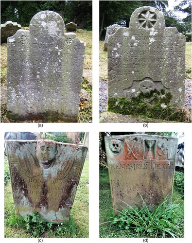 Figure 5. Examples of memorials with mortality symbols. (a) Front view of memorial for Michael Connolly in Killeevan burial ground, Co. Monaghan. THIS STONE WAS ∼/ ERECTED BY ARTHUR/ CONNOLLY IN MEMORY/ OF HIS SON MICHAEL/ CONNOLLY WHO DE∼/ PARTED THIS LIFE/ OCTOBER THE 7TH / 1779 AGED 10 YEARS. (b) Rear view of the Connolly memorial with verse. STAY PASSINGERS STAY/ AND SEE AS YOU ARE∼/ NOW ONCE HAVE I BEEN/ BUT AS I AM NOW SO/ SHALL THOU BE. PREPARE/ FOR DEATH AND FOLLOW/ ME∼ (c) Front view of the gravestone for the Edmeston boys in St Patrick’s graveyard, Coleraine, Co. Derry. HERE/ LIETH/ THE BODYS OF TWO/ CHILDREN ALSO ROBT/ WHO DEP DECMR 1795/ AGED 4 YRS& 3 MONTHS SONS /OF ROBT EDMESTON (d) Mortality symbols on the rear of the Edmeston gravestone. REMEMBER DEATH (photographs L. McKerr).