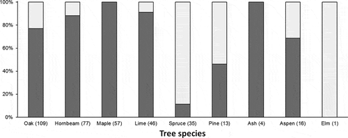 Figure 1. Percentage distribution of anvils on alive (dark colour) and dead (pale colour) trees from particular species. Numbers in brackets indicate sample size