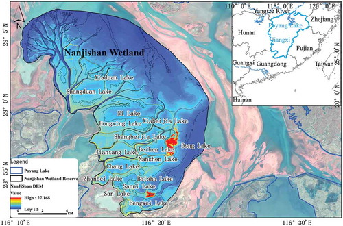 Figure 1. Location of the Nanjishan Wetland National Nature Reserve in China. The false colour image is a Gaofen One image collected on 21 December 2013.