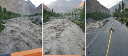 Figure 11. Photographs of the river around peak flow upstream (a) and downstream (b) of the bridge crossing the river in Figure 10. Damage caused to the road downstream of the bridge (c).