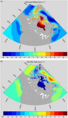 Fig. 5 (a) VLM rate due to the GIA based on Peltier's (Citation2004) model. The GIA model value is the average over a 500-year period centred on the present. The rates inferred from tide-gauge and altimetry data from 1993 to 2011 are shown as coloured circles. (b) Rate of MRSL change due to the GIA, based on Peltier's (Citation2004) model.