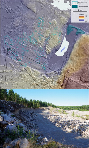 Figure 8. Klyftamon, the Lången valley, Timmersdala ridge, and the northern tip of Billingen. Timmersdala ridge and the boulder bars were formed during the final drainage of the Baltic Ice Lake. The extent of the figure is displayed in Figure 1(B). Lower picture shows an exposure of drainage sediment at Stora Mon. Drainage-flow direction right to left.