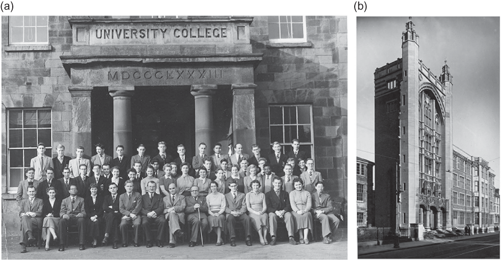 Figure 1. The UCC and CIP in 1955. (a) Medical students fronting the Department of Anatomy at the entrance block to UCC. The professors (front row, seventh–ninth positions from left) include James S. Baxter (1896–1969) (Anatomy), Peterson (Physiology), and Pryde (Biochemistry). This photograph is available from J.G.J. upon request. (b) The CIP viewed from the west. Used with permission of the Institutional Archive, Governance and Compliance Division, University of Cardiff.