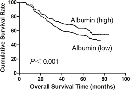 Figure 2 Overall survival of gastric cancer patients stratified by different values of albumin.