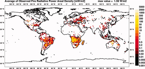 Figure 5. MACC daily fire product for 30 August 2011. Emissions fluxes are derived from these fire radiative power observations.