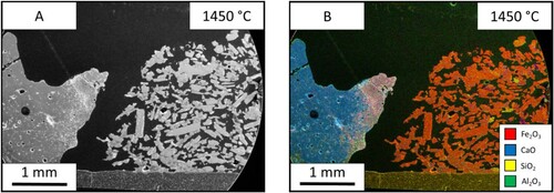 Figure 6. Images from the 1450°C lime sample. (A) Electron image of the lime sample. (B) EDS map of the lime electron image.