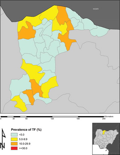 Figure 1. Prevalence of active trachoma (trachomatous inflammation–follicular, TF) in 1–9-years-olds in Katsina State, Nigeria, 2014.