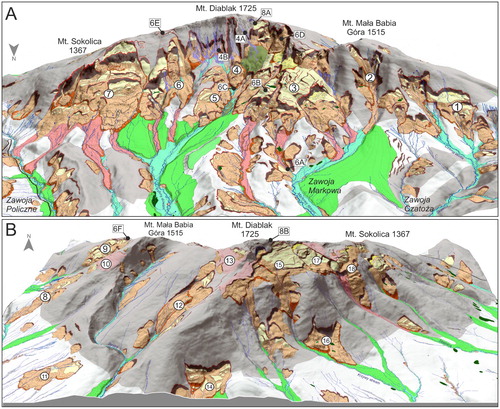 Figure 3. Morphological asymmetry of the Babia Góra Massif. (A) North-exposed escarpment slope, (B) South-exposed dip slope. Main Map projected on the LiDAR DTM. White circles refer to the location and number of large rock slope failures, its morphometrical characteristics are presented in Supplementary Data 1. Symbols in squares refer to the location of landforms presented in Figures 4, 6 and 8.