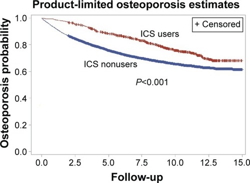Figure 2 The cumulative osteoporosis probability among the ICS users compared with nonusers.