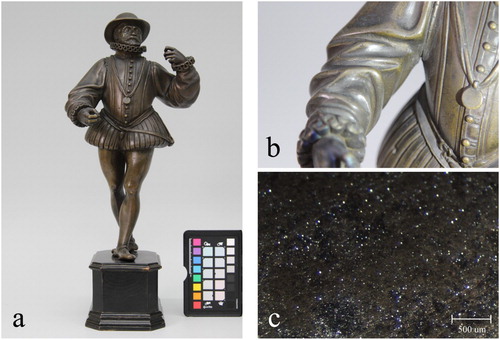 Figure 2. (a) Bronze Walking man, BK-16083, Anonymous, c.1580–1600, with a whitish deposit of crystals. (b) Close-up of arm covered with crystals. (c) Microscopic image of sparkling crystals on right leg. Crystals in a, b, and c were identified as type K4.