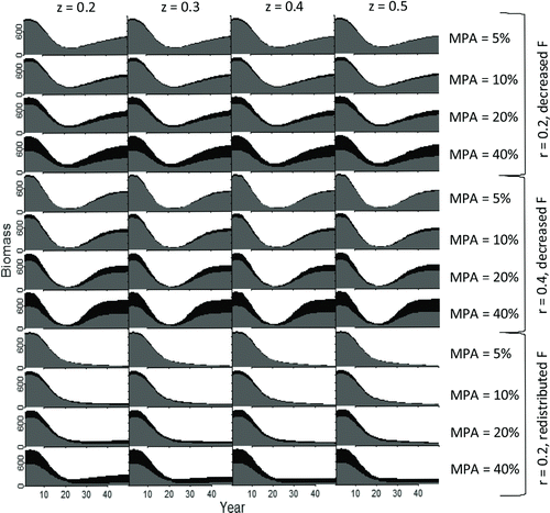 FIGURE 2 Biomass (units) in the marine protected area (MPA) region (black shading) and non-MPA region (gray shading) for each scenario defined by MPA size (MPA = 5–40% of the total stock area), migration rate (z), intrinsic rate of increase (r), and fishing mortality (F) pattern (F patterns are defined in Figure 1).