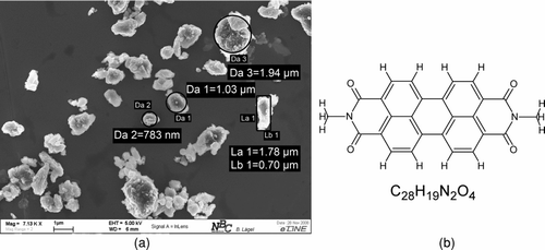 FIG. 3 Shape of the bulk material and structural formula of Paliogen Red L4120. (a) Cubic shape of Paliogen Red bulk material. (b) Structural formula of Paliogen Red L4120.
