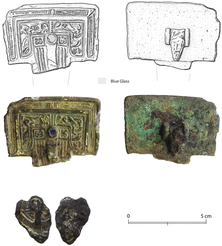 fig 2 Photographs and line drawings of the square-headed brooch fragments from: (a) Location 1 and (b) Location 2. Drawing by Mark Hoyle. Photograph by Rob Collins.