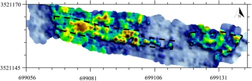 Figure 9. Depth-slice 30-41 cm in Sector C, which may indicate a massive buried stone wall. The black dashed polygon delimits the suspected area.