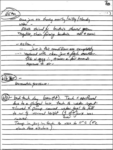 Appendix 4 Carls Herring Study notebook June 5, 1995, p. 28 (Dahlberg Citation1998) recorded observations of bacterial growth and problems with flow system. The levels of bacterial contamination, as evidenced by cloudy water and gram negative bacteria, illustrate potentially significant effects on herring embryos/larvae from microbial contamination.