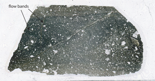 Fig. 9  Thin section of OU 74177 displaying flow banding (section length 50 mm).