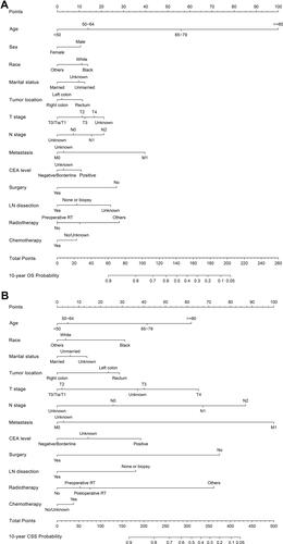 Figure 6 Construction of nomograms to predict the 10-year OS and CSS probability for MA patients with ST≥5Y.