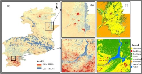 Figure 7. Comparison of human activity intensity (VANUI) with land use data. (a), (b), and (c) are the 2020 VANUI; (d) and (e) are the corresponding land use for (b) and (c).
