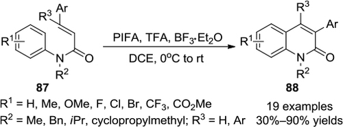 Figure 31 PIFA-mediated synthesis of 3-arylquinolin-2-ones from N-methyl-N-phenylcinnamamides through oxidative C–C bond formation/1,2-aryl migration.