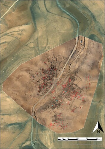 Figure 10. A plan of the pits excavated between February 2018 and September 2019 (marked in blue; red indicates all the pits documented). Based on analysis of satellite imagery available on Google Earth.