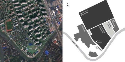 Figure 1. Left: Aerial photograph of the case study area derived from Google Maps in April 2014. Photograph: © 2014 Google Imagery, © 2014 DigitalGlobe. Right: Schematic map of the case study area, encompassing the Old Village to the west and the Commercial Compound to the east. Drawing: Deljana Iossifova.
