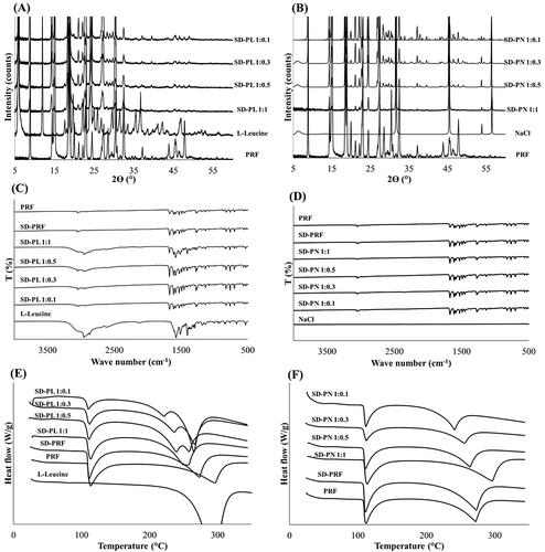 Figure 3. Physicochemical properties of SD-PL and SD-PN (A) X-ray diffraction (XRD) pattern of SD-PL and (B) SD-PN. (C) Fourier-transform infrared (FT-IR) spectra of SD-PL and (D) SD-PN. (E) Differential scanning calorimetry (DSC) thermogram of SD-PL and (F) SD-PN. SD-PL: co-spray-dried PRF with L-leucine; SD-PN: co-spray-dried PRF with NaCl.