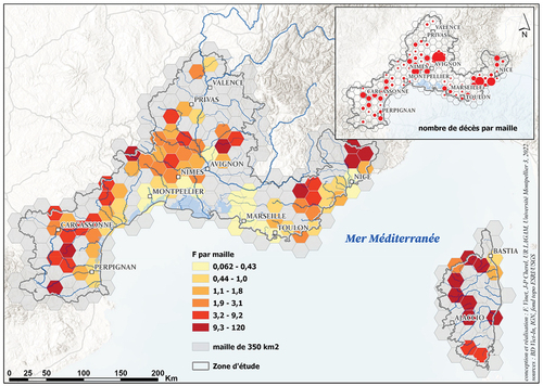 Figure 6. Taux de mortalité (F) par mailles de 350 km.