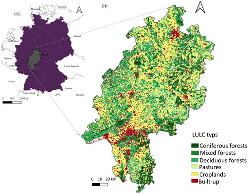 Figure 1. (A) Location of the federal state of Hesse in Central Germany and (B) the CORINE Land cover map from 2018 (CLC Citation2018).