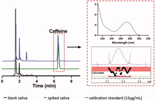 Figure 1. Stacked chromatograms of blank and spiked saliva samples (15 µg/mL) and calibration standard (15 µg/mL) at 273 nm, with caffeine peak eluting at 6.35 min. Graphs in the dotted box show caffeine spectra and representative peak purity of the samples.