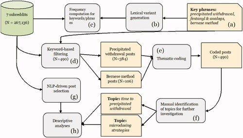 Figure 1. Flow diagram illustrating the extraction, analyses, and steps included in this study, along with the number of posts included where relevant. Starting with a set of predetermined key phrases (a), we generated their lexical variants (b) and computed their frequencies in data from the seven included subreddits (c). Posts about precipitated withdrawal and Bernese method were filtered (d) and manually coded for themes (e). Topics of interest were discovered during the manual coding (f) and natural language processing methods were applied to retrieve more posts related to the topics (g). Descriptive analyses were performed on the retrieved posts (h). NLP: natural language processing.