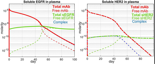 Figure 5. Simulated time course values for a single IV dose of a mAb. Total drug (red) and total target (green) are denoted by solid lines. Dashed lines indicate free drug (red), free soluble target (green) and complex of the two (blue). a) 500 mg/m2 cetuximab interacting with soluble EGFR and b) 8 mg/kg trastuzumab interacting with soluble HER2.