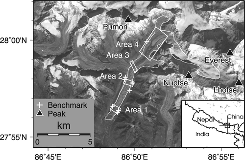 FIGURE 1 ASTER image (November 2004) of Khumbu Glacier in the east Nepal Himalaya. Thin white line denotes outline of Khumbu Glacier. White rectangles denote Areas 1 to 4.
