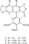 Figure 2The structure of podophyllotoxin (1), 5-methoxypodophyllotoxin (2), and 5-methoxypodophyllotoxin acetate (3).