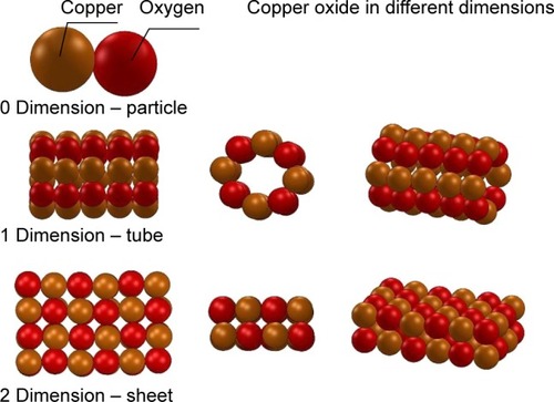 Figure 4 Copper oxide dimensions.Notes: Different copper oxide dimensions produce different amounts of antibacterial properties due to their ratio of surface area to volume. The simplest structure is a particle, then tube, followed by the sheet.